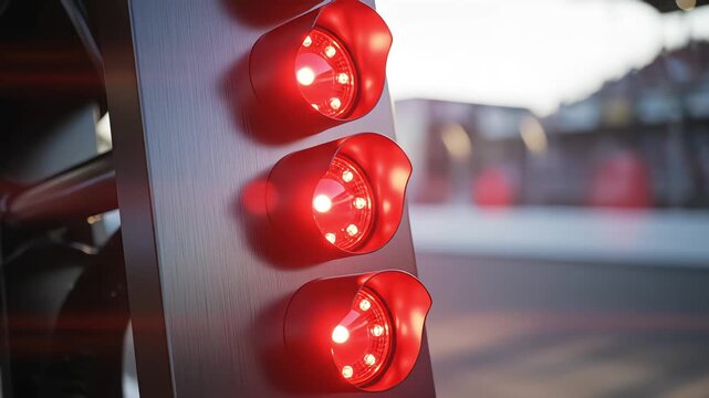 Close up of a modern traffic light pole with three red warning lights illuminating simultaneously against a blurred city background