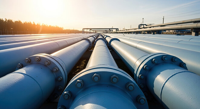 Industrial pipeline infrastructure at sunset with low angle view of parallel pipes and orange glow