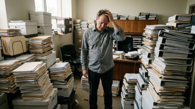 Frustrated man standing amidst an overwhelming mess of papers and files in a disorganized office, symbolizing stress and excessive bureaucracy.