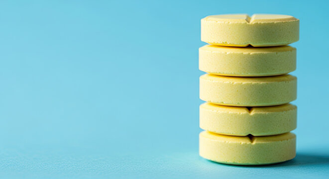 Stack of bright yellow round pills with a dividing line isolated on a soft blue background close-up