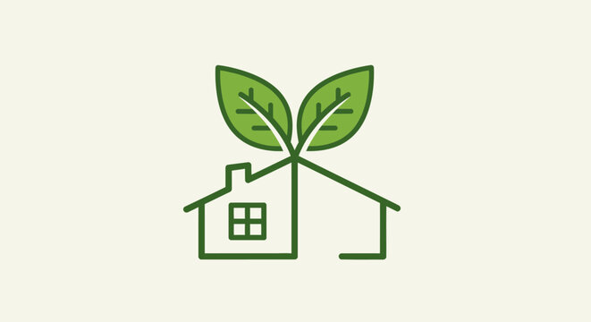 A green leafy house illustration symbolizes eco-friendly living spaces with plants.
