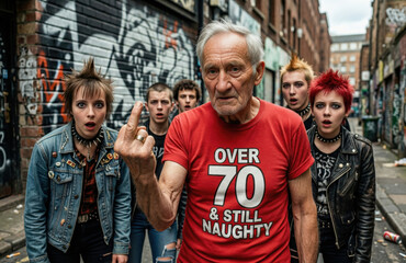 Obraz premium Rebellious senior Caucasian man with provocative gesture and young punk group, urban graffiti background, boldness and defiance