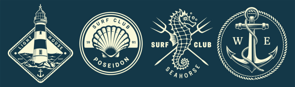 Nautical theme badge collection with lighthouse and maritime symbols.
