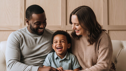 Fototapeta premium Happy multi-ethnic family laughing on the sofa, Black father Caucasian mother and young child in a joyful moment, love
