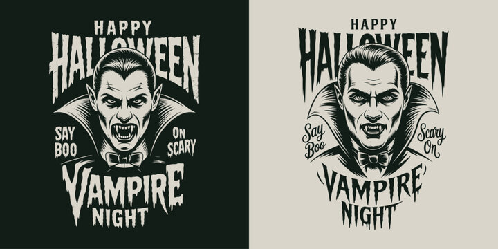 Happy halloween vampire night vintage print with count dracula head.