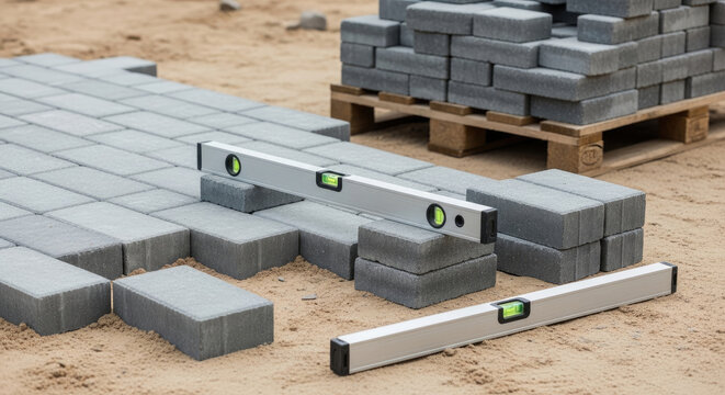 Construction of a paved area using interlocking concrete blocks and spirit levels for precise alignment