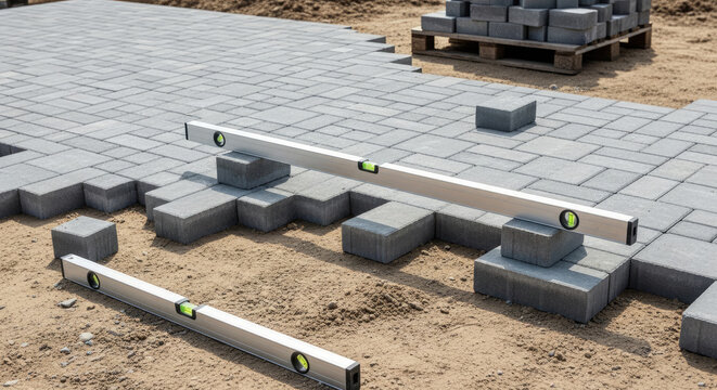 Construction of paved area using leveling tools and grey interlocking concrete blocks on sandy ground
