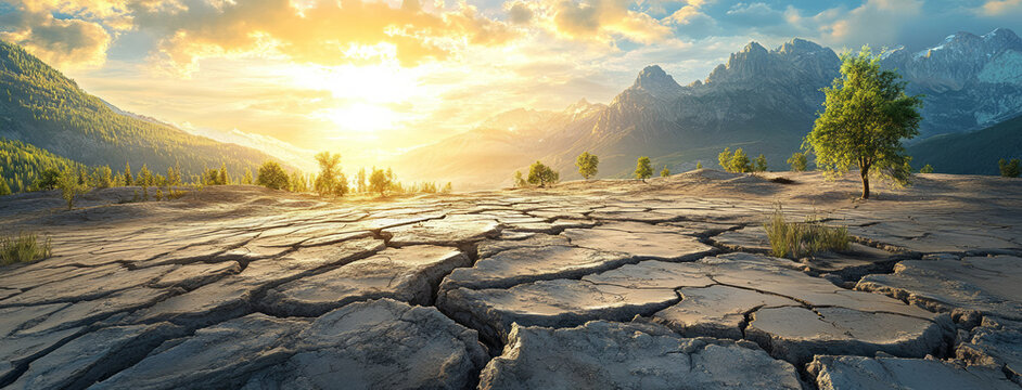 Lonely tree surviving in cracked desert soil at beautiful sunset