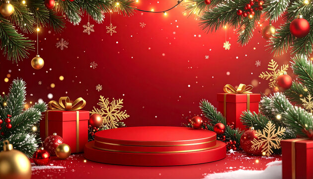 Red product podium with christmas holiday decorations