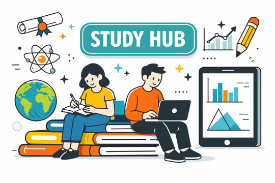 Students learning and studying together in a digital academic hub environment