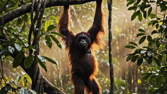 Orangutan Swings Through Lush Jungle Canopy