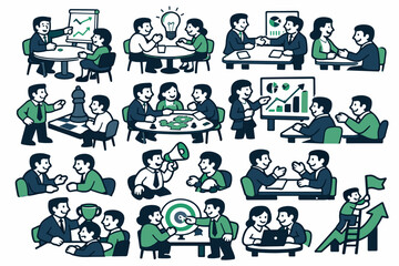 Fototapeta premium Business people collaborating and achieving goals in various office and meeting scenarios