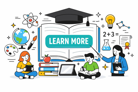 Diverse students engage in learning with educational symbols and a graduation cap