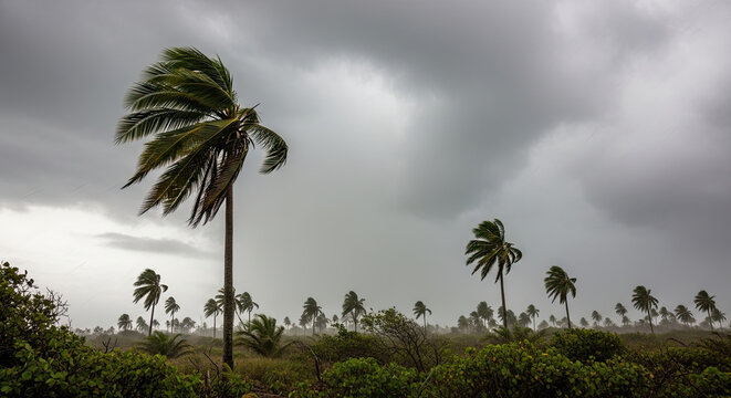 Stormy sky with windblown palm trees on a tropical island landscape