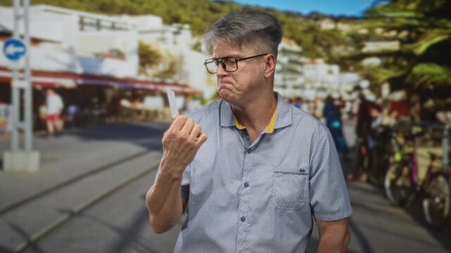 Man holding creditcard and squinting at the card with a frown on a busy street lined with cafes and bicycles; frustration concern.