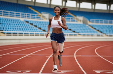 Fototapeta premium Smiling Black female athlete with prosthetic leg running on track, determination and inclusive sport
