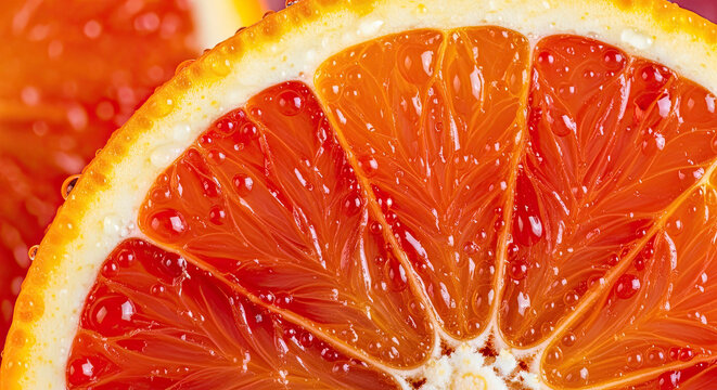 Close-up of juicy blood orange slice with water droplets refreshing citrus fruit macro healthy food