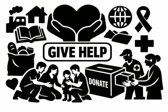 Charity Welfare Support. Solid glyph icon set of charity, social welfare, donation, volunteering, community support, and humanitarian aid: helping hands,