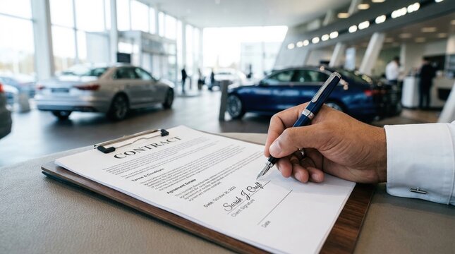 Hand signing contract with a fountain pen on a clipboard in a modern car dealership showroom, finalizing an important agreement.
