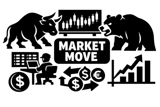 Stock Market Trading Icons. Clean solid filled banner composition of stock market and trading theme: one oversized bull and bear pair, one large candlestick