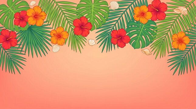 Tropical Summer Background with Hibiscus Flowers and Palm Leaves