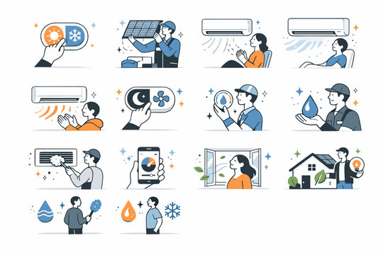 Air conditioning and climate control system icons for home and professional use