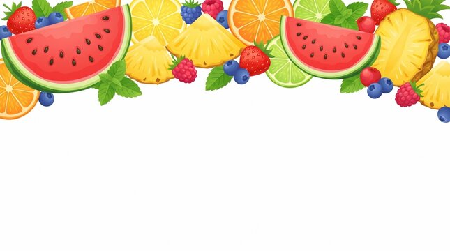 Assorted fresh tropical fruits and berries border