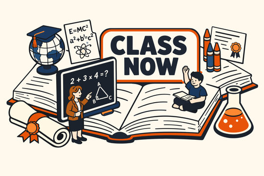 Illustration of education and learning with a teacher and student in a classroom setting