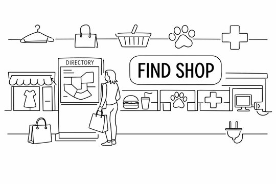 Woman looking at mall directory to find a shop, shopping bags and icons
