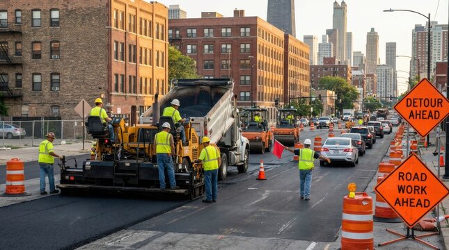 Construction workers paving a city street with heavy equipment and traffic control during an urban road work project.