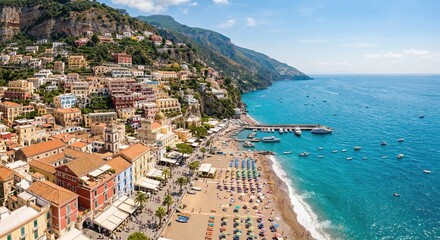 Naklejka premium Colorful coastal town built into a steep hillside overlooking a vibrant sandy beach with many umbrellas and boats in the turquoise sea on a sunny day.