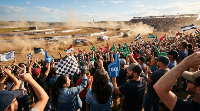 Excited spectators cheer loudly at a thrilling dirt track car race, with cars kicking up dust and a grandstand full of fans in the background.