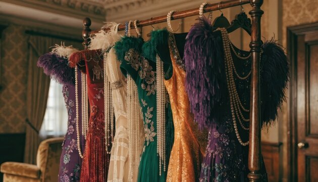 Medium shot of a 1920s vintage costume rack with flapper dresses and beaded accessories main garments in sharp focus background softly blurred.