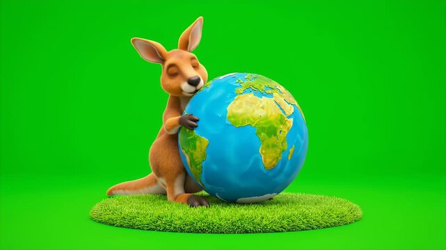A Cute Cartoon Kangaroo Character Gently Hugs a Detailed 3D Rendered Planet Earth Globe on a Small Patch of Lush Green Grass
