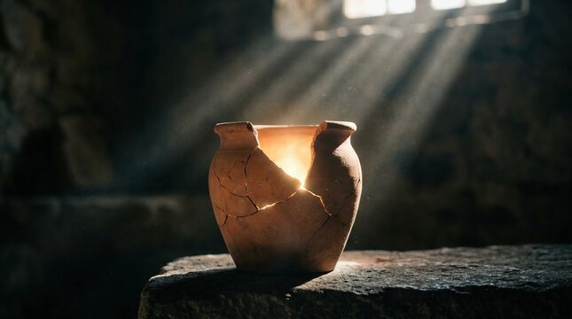 Broken clay pot revealing bright light through its many cracks, sitting on a textured stone surface in a dark, mysterious room.