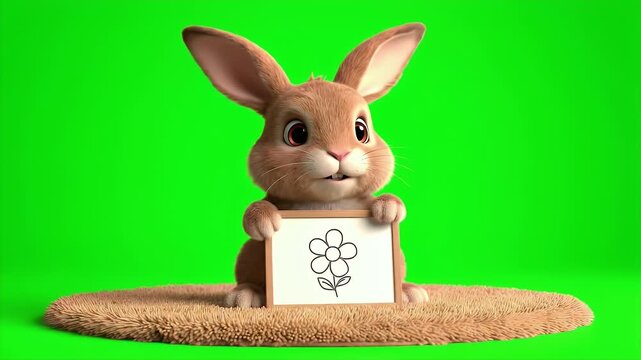 A Charming 3D Rendered Brown Rabbit with Closed Eyes Holds a White Card Featuring a Simple Flower Drawing Sitting on a Fuzzy