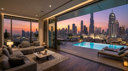 Obraz premium Luxurious modern living room with private pool and a stunning cityscape view from a high-rise apartment balcony at sunset.