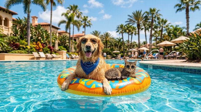 Golden retriever dog and tabby cat relaxing together on a colorful inflatable donut in a luxurious tropical swimming pool.