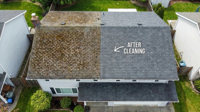 Aerial view of a residential house roof showing a dramatic before and after comparison of professional cleaning, removing moss and grime.
