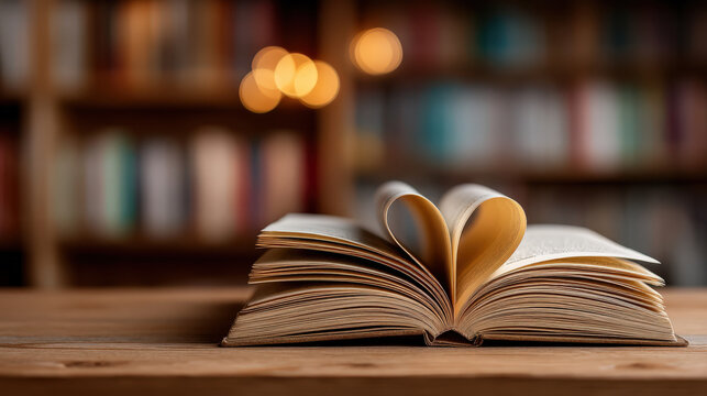 An open book with pages creatively folded to form a heart, a symbol of knowledge, love, and storytelling, resting on a wooden surface with a blurred background of bookshelves.