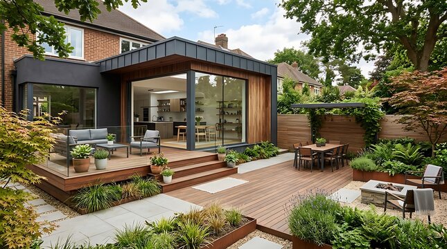 Modern home addition with wooden deck patio courtyard and large glass window
