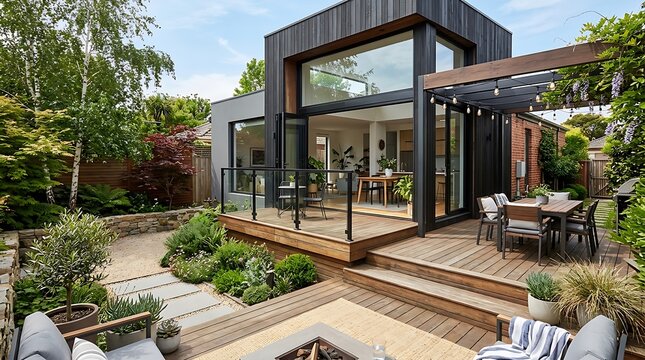 Stylish home extension with wood deck patio courtyard and glass window

