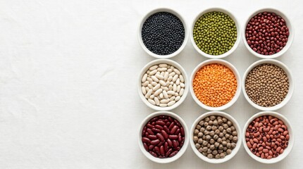 Various colorful legumes in white bowls arranged in a grid on a textured white background, offering a healthy and nutritious food concept.