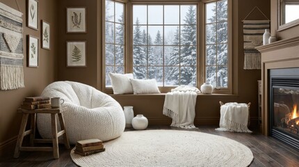 Fototapeta premium Cozy living room interior with a large bay window overlooking a snowy winter forest, featuring a comfortable knitted beanbag chair and a warm fireplace.