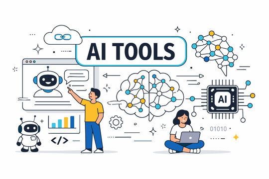 Illustration of AI tools and concepts with people interacting with technology