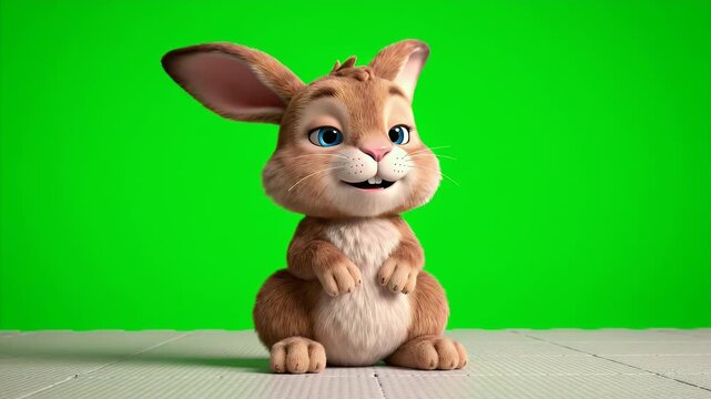 Charming 3D Rendered Brown Rabbit Character with Big Blue Eyes Sitting and Blinking on a White Textured Surface with a Solid