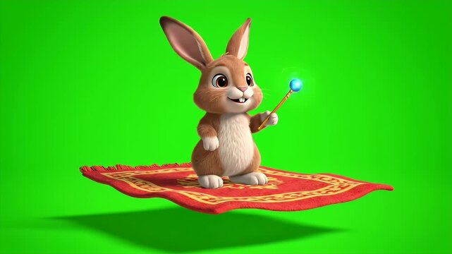 Charming 3D Rendered Brown Rabbit Character With Big Ears And Sparkly Eyes Standing On A Flying Magic Carpet Levating Over A Deep