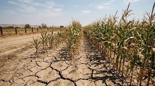Dry cracked earth and struggling corn plants in a parched agricultural field under a clear sky, illustrating severe drought conditions.