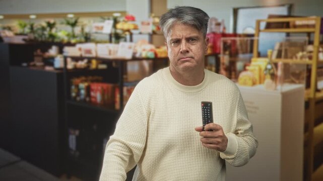 Man holding tv remote and giving thumbs down in a gift shop inside a building, grey haired middle aged caucasian wearing cream sweater; disapproval.