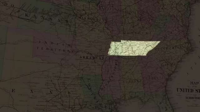 tennessee state map highlight on united states vintage map animated map, use for label for geography visuals, news graphics, educational content, and regional. presentation video
